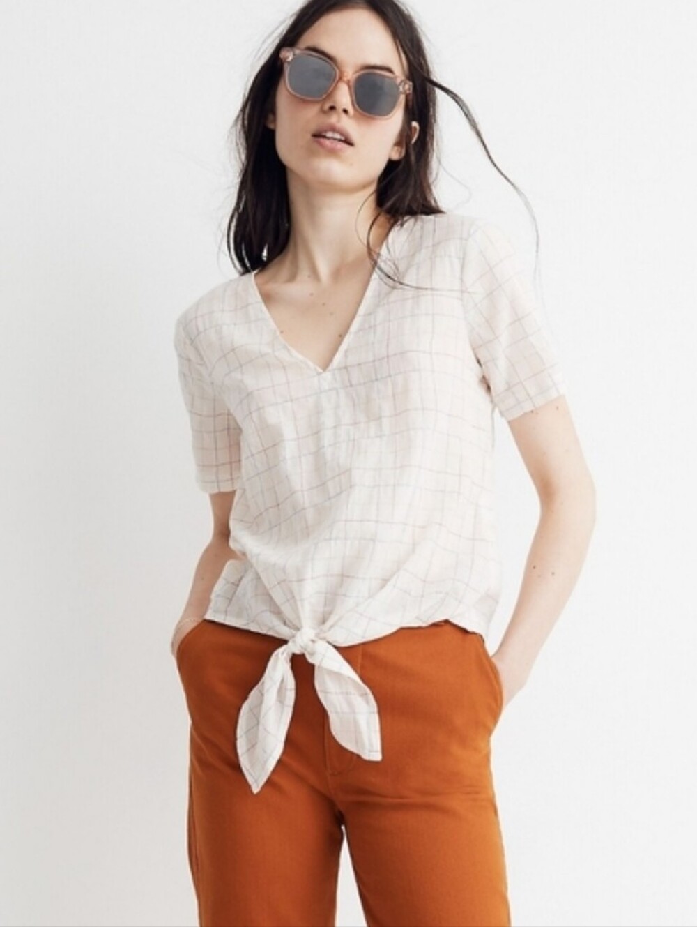 Madewell Novel Tie-Front‎ Top In Rainbow Windowpane Size Medium